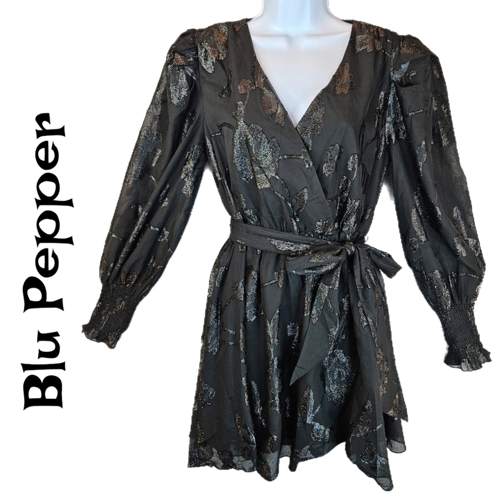Blu Pepper Womens Black With Shimmer Roses Chiffon Mini Dress Sz M Cocktail*